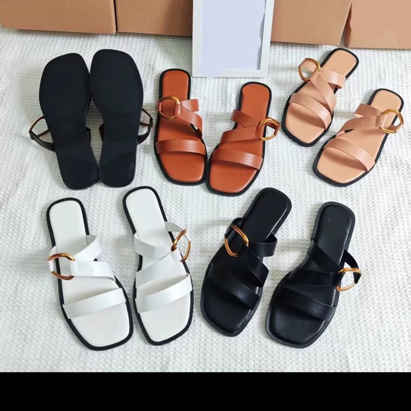 Zara Tan Flat Sandals with Gold Buckle - Picture 3 of 11